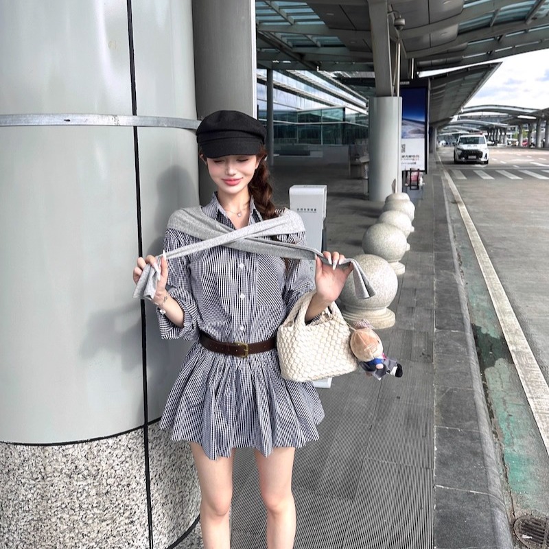 色織布polo格子連衣裙女收腰顯瘦A字裙高腰短裙長袖襯衫裙子