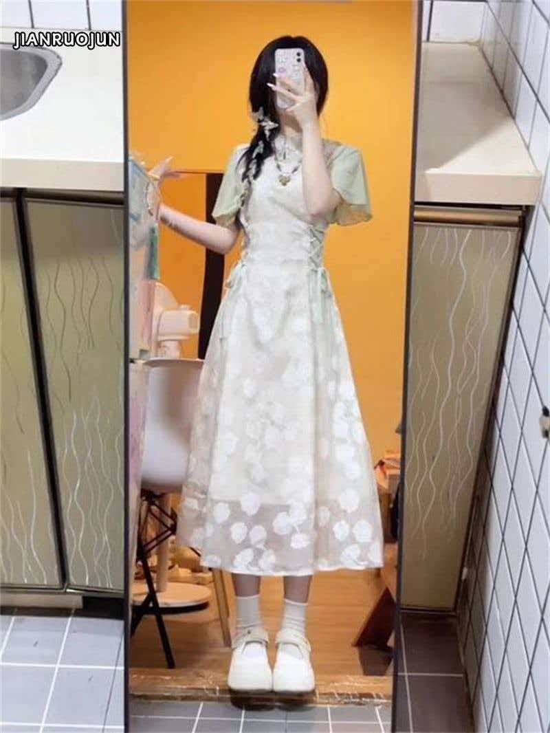 新中式碎花旗袍連衣裙女學生氛圍感國風過膝收腰設計感a字裙