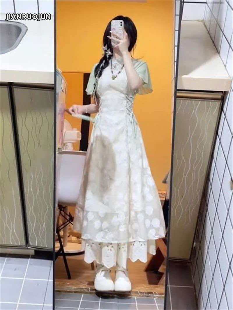 新中式碎花旗袍連衣裙女學生氛圍感國風過膝收腰設計感a字裙