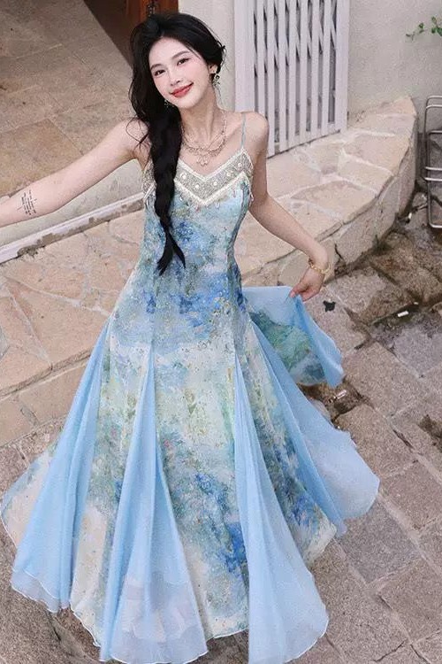 藍色暈染印花長裙花邊織帶連衣裙夏季溫柔氛圍氣質通勤拼接吊帶裙