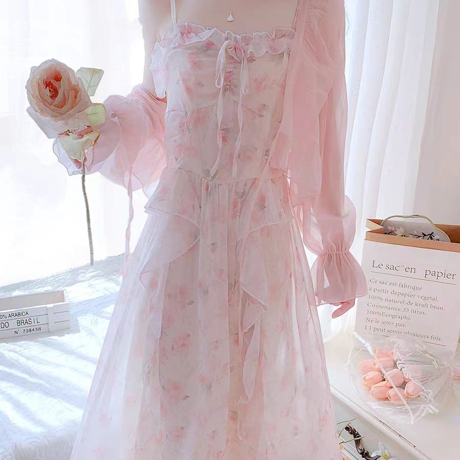 連衣裙 高級感甜美雪紡碎花長裙2025新款法式粉色吊帶連衣裙女夏