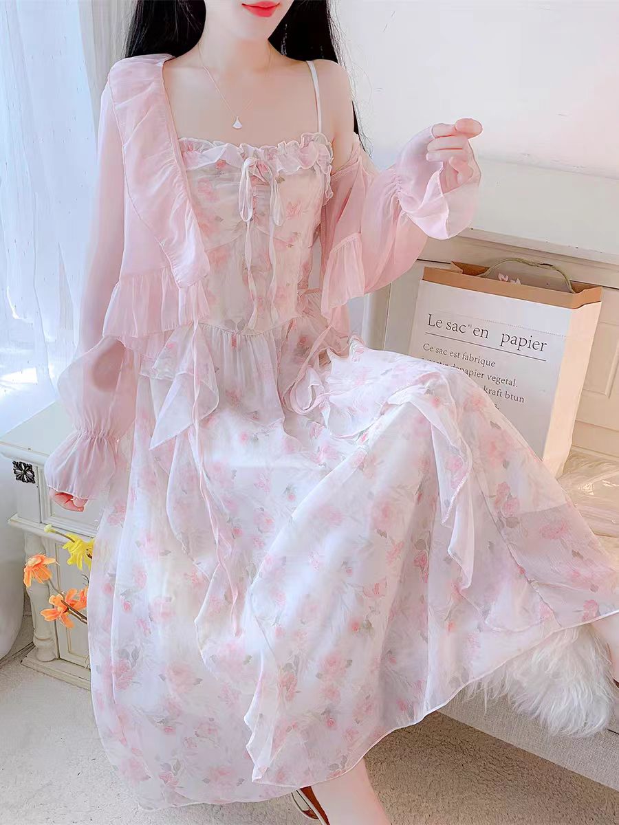 連衣裙 高級感甜美雪紡碎花長裙2025新款法式粉色吊帶連衣裙女夏