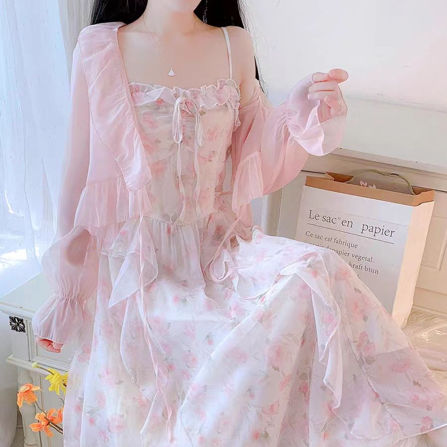 連衣裙 高級感甜美雪紡碎花長裙2025新款法式粉色吊帶連衣裙女夏