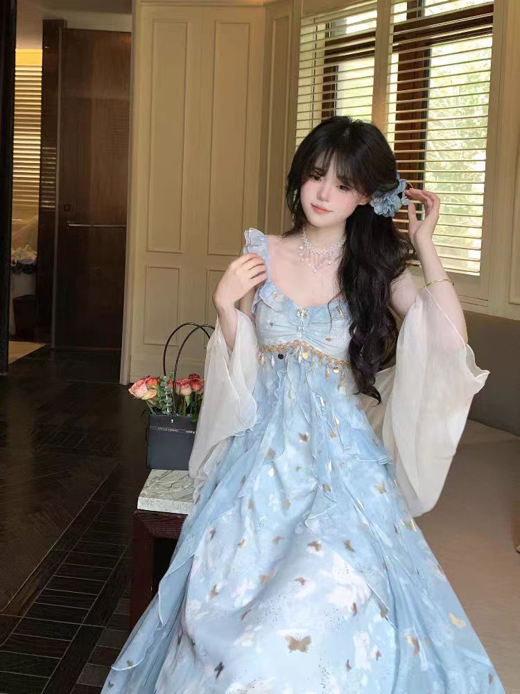 蝶舞星河2026優雅少女感蝴蝶亮片吊帶裙仙氣荷葉邊層次裙擺
