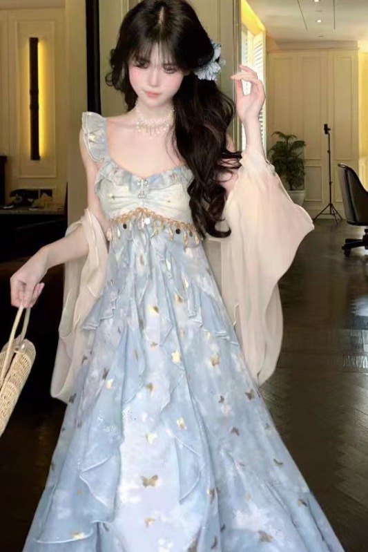 蝶舞星河2026優雅少女感蝴蝶亮片吊帶裙仙氣荷葉邊層次裙擺