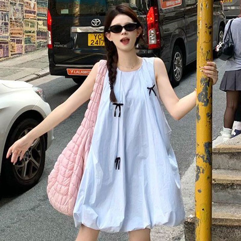 原版做法有內里小眾設計師藍色無袖背心連衣裙女裝小個子顯高短裙