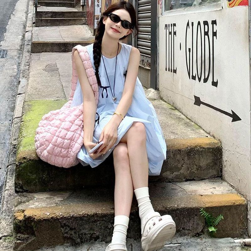 原版做法有內里小眾設計師藍色無袖背心連衣裙女裝小個子顯高短裙
