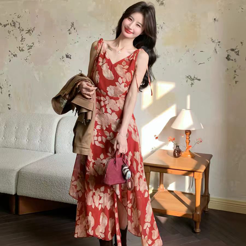 紅色碎花連衣裙2026早春新款裙子多巴胺掐腰海邊丁達爾裙外貿爆款