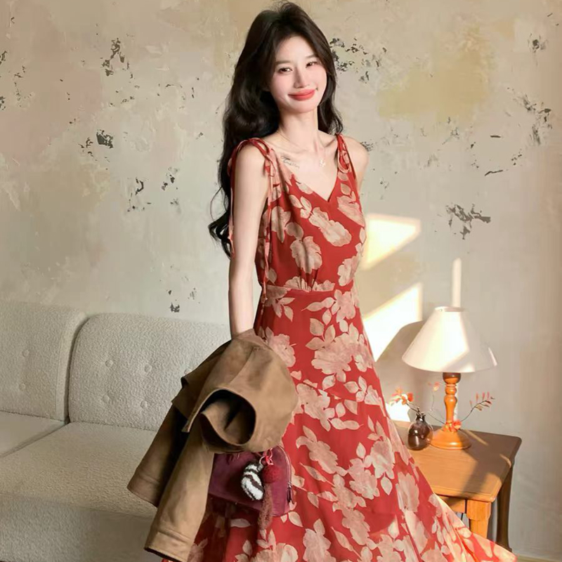 紅色碎花連衣裙2026早春新款裙子多巴胺掐腰海邊丁達爾裙外貿爆款