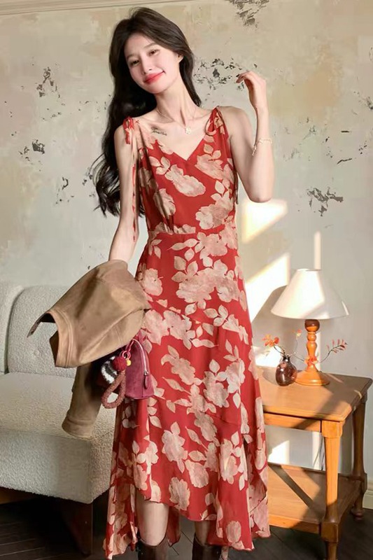 紅色碎花連衣裙2026早春新款裙子多巴胺掐腰海邊丁達爾裙外貿爆款
