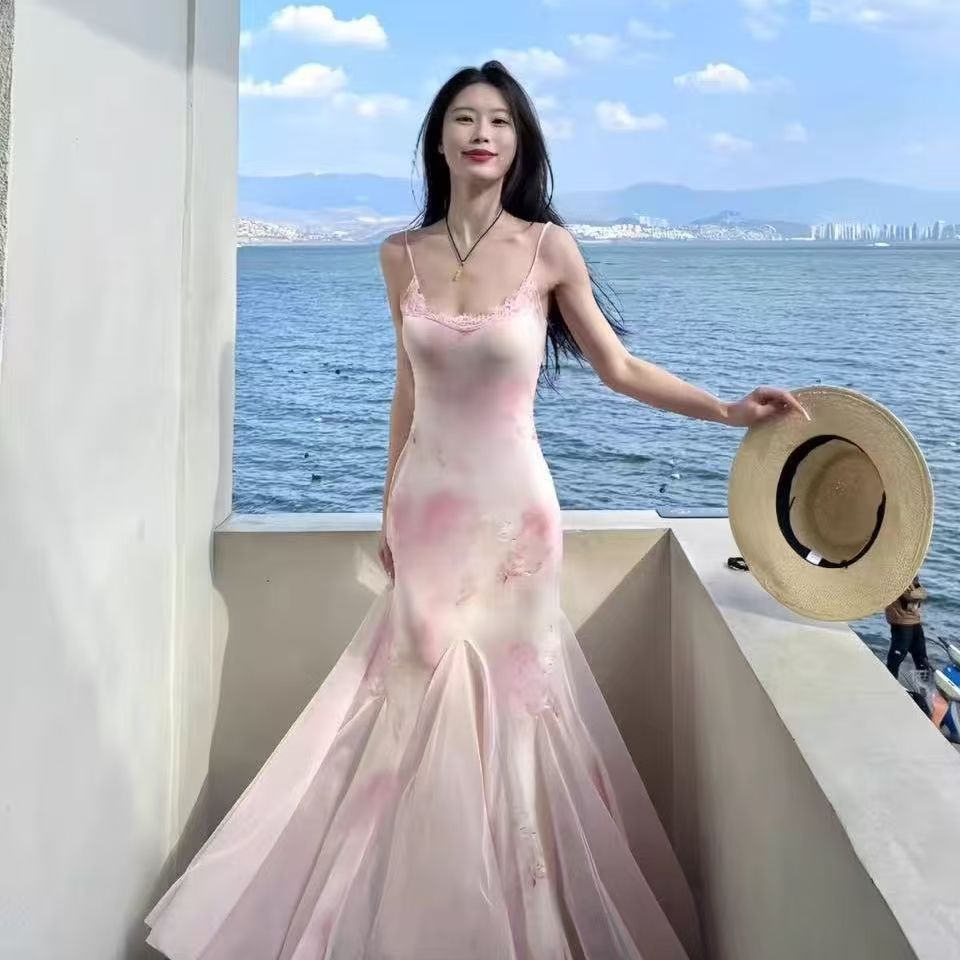 純欲風性感辣妹渲染碎花吊帶連衣裙女夏季網紗開衫花邊包臀魚尾裙