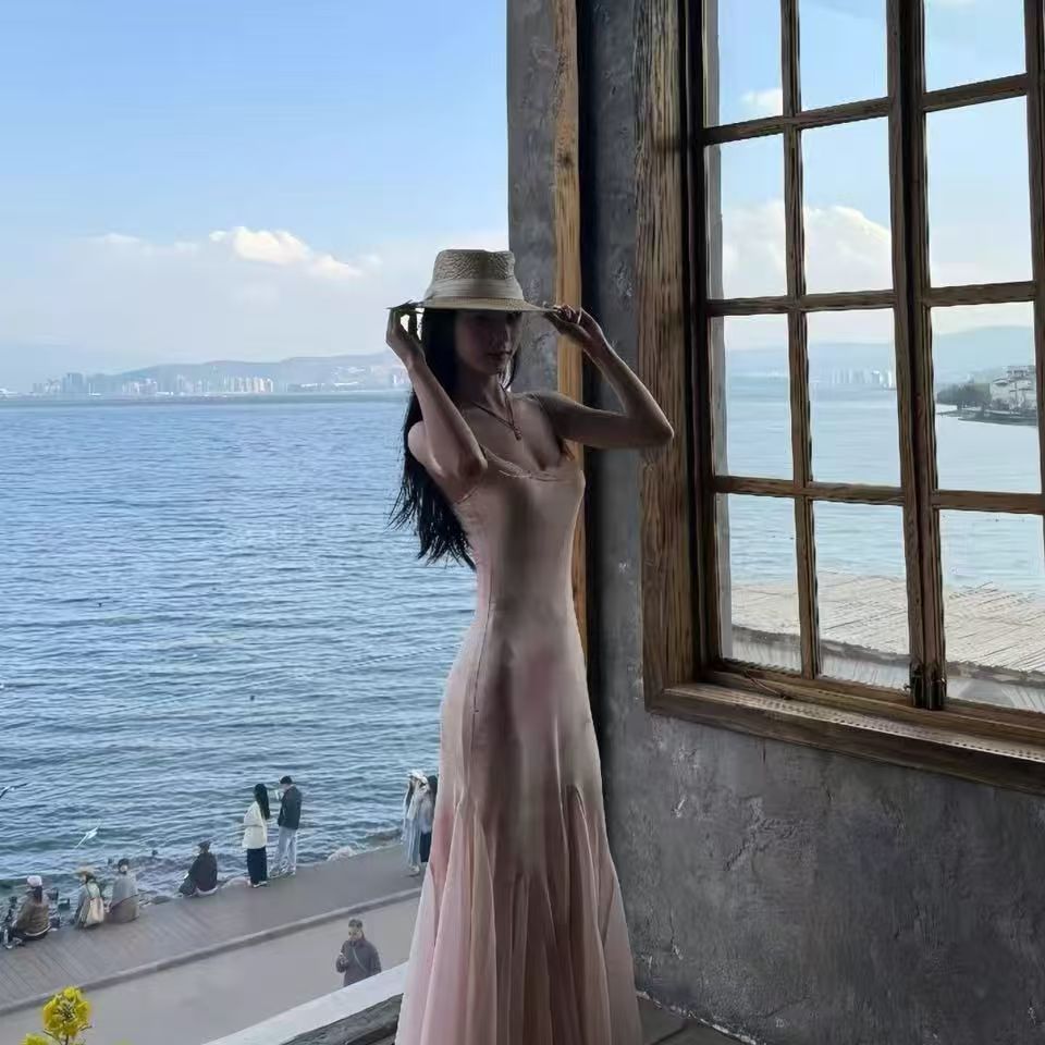 純欲風性感辣妹渲染碎花吊帶連衣裙女夏季網紗開衫花邊包臀魚尾裙