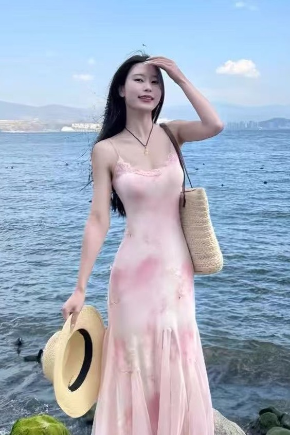 純欲風性感辣妹渲染碎花吊帶連衣裙女夏季網紗開衫花邊包臀魚尾裙