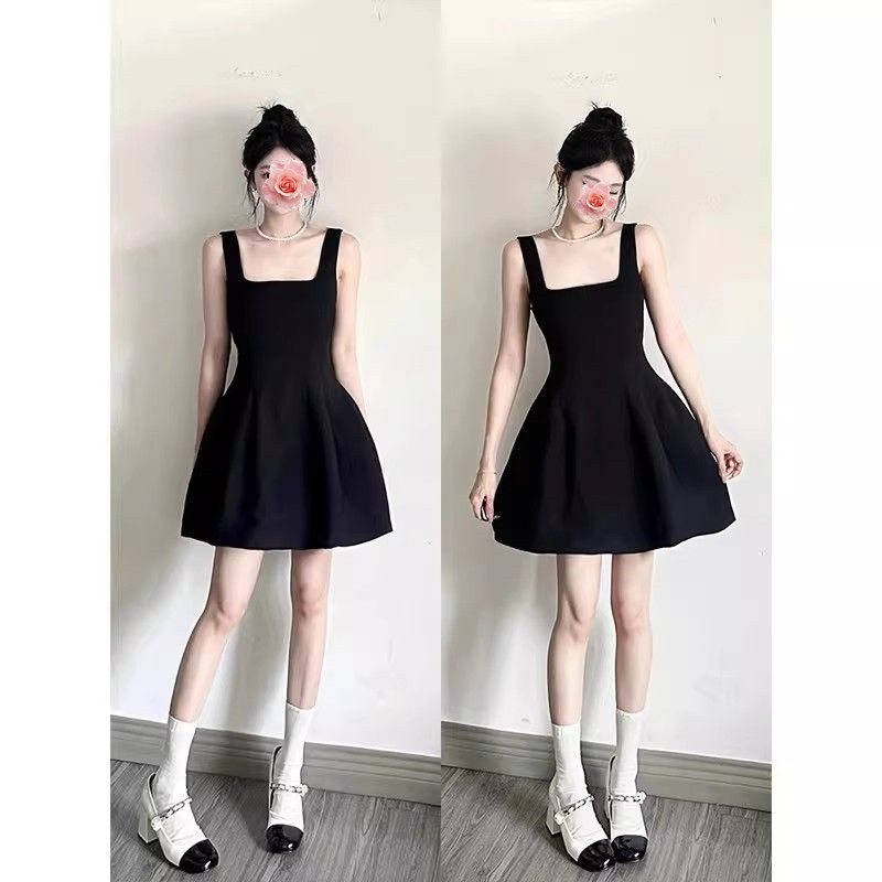 黑色吊帶連衣裙女法式絕美高級法式短裙子夏季赫本風小個子小黑裙