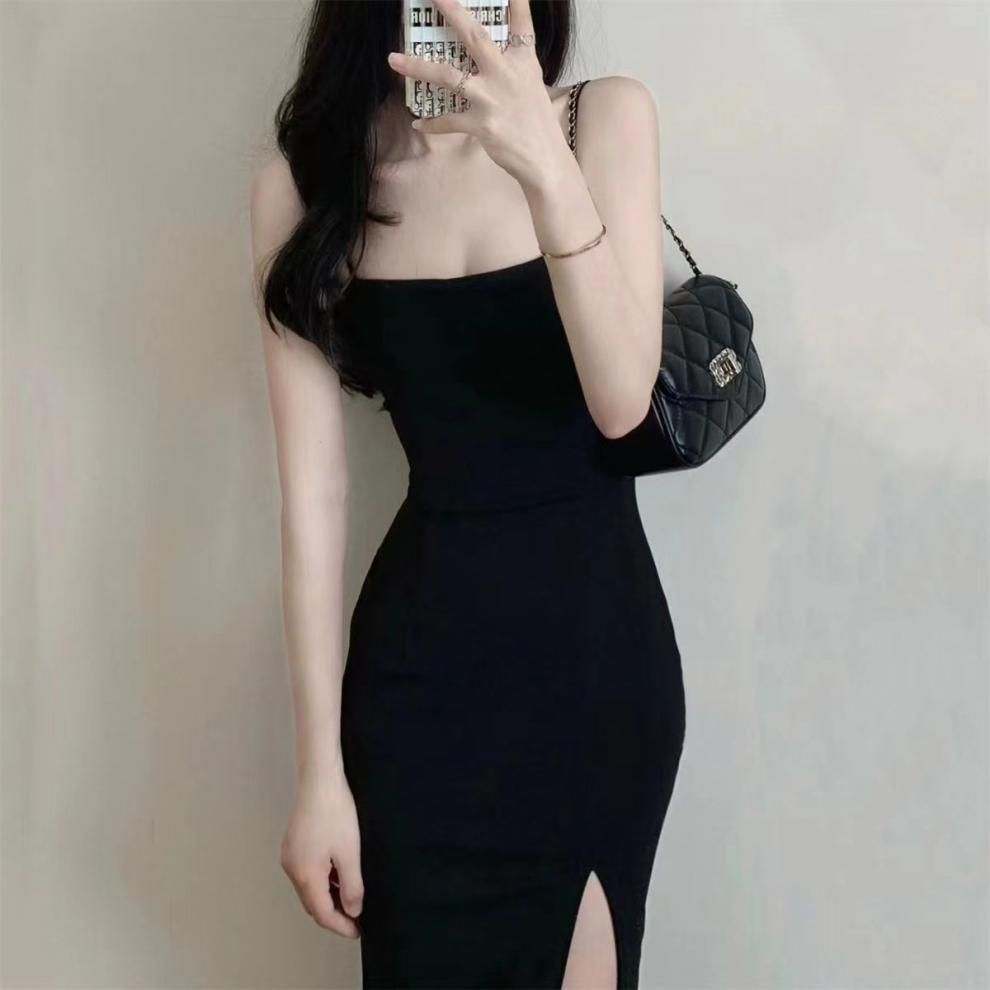 輕熟辣妹純欲風設計感御姐黑色開叉包臀吊帶連衣裙女長款收腰顯瘦
