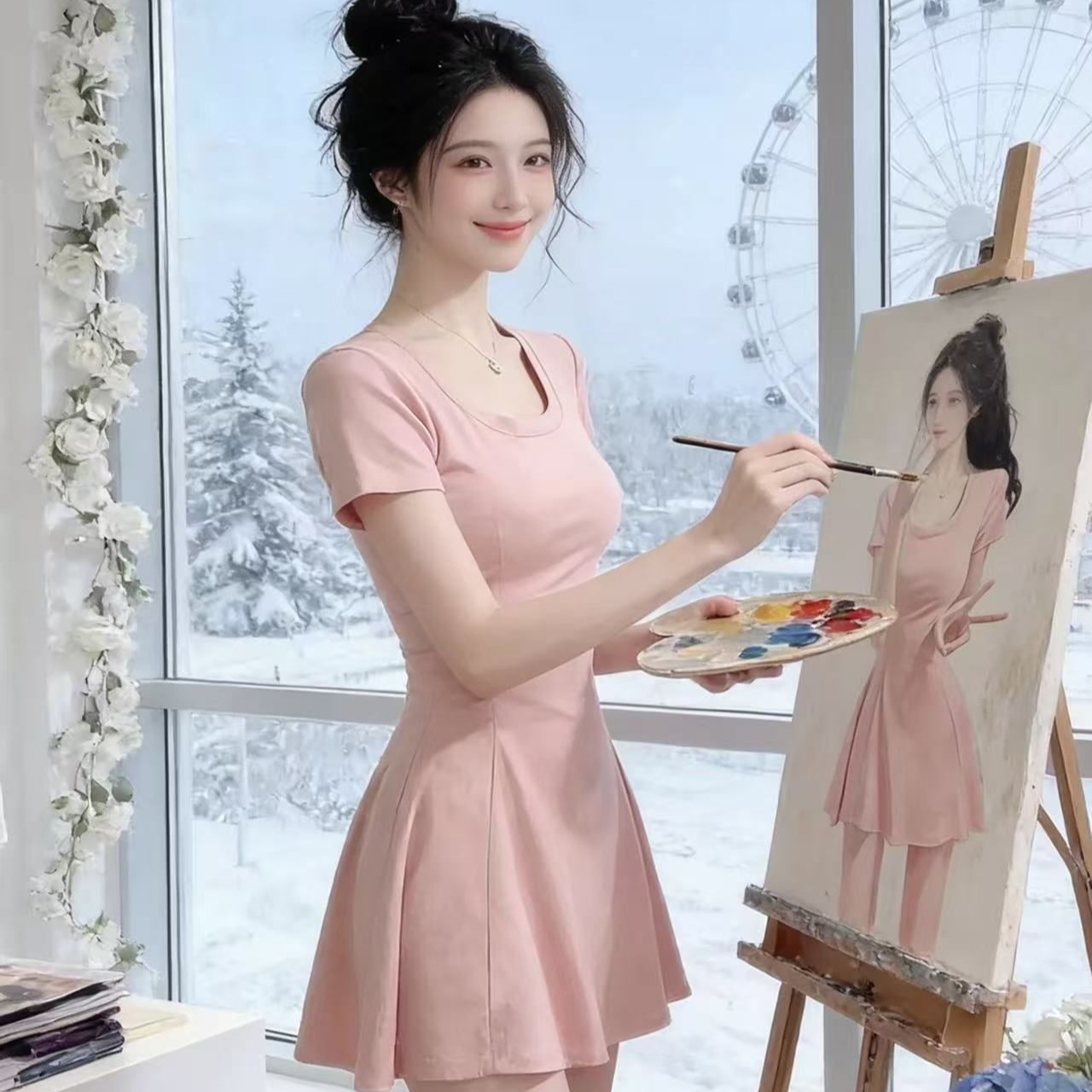 初夏粉色短袖性感特別漂亮掐腰早春絕美小裙子大U領a字高彈連衣裙