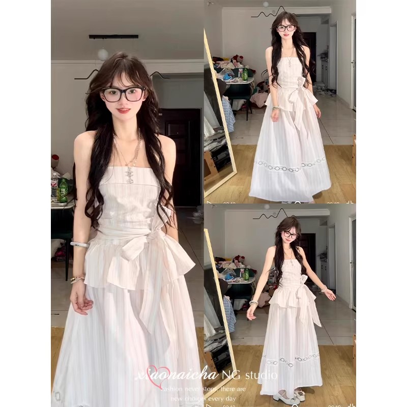 抹胸條紋連衣裙女夏季法式新款設計感小眾蝴蝶結綁帶收腰無袖長裙
