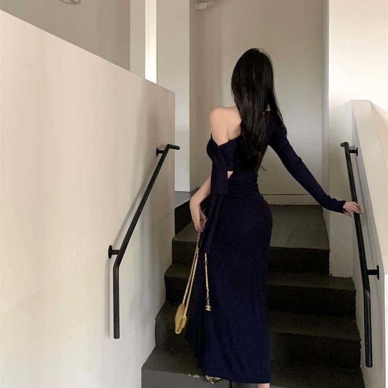 法式高級性感斜肩長袖連衣裙女春夏修身顯瘦氣質不規則包臀長裙子