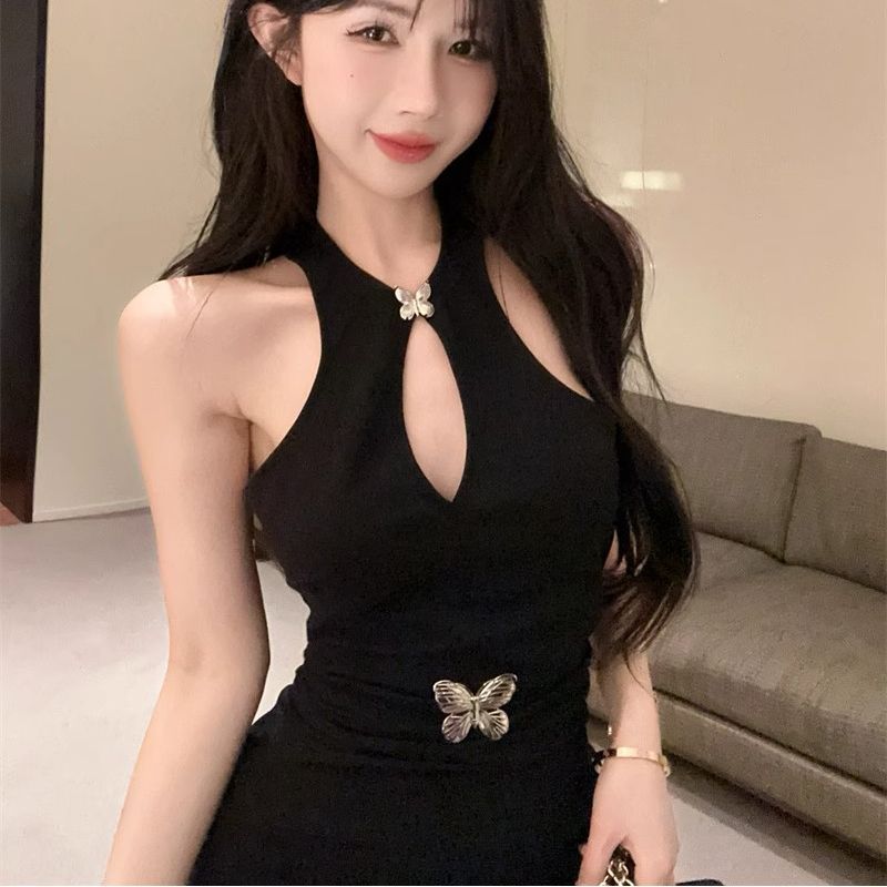 中式旗袍改良辣妹性感露背設計黑色連衣裙鏤空緊身夏季女背心新款