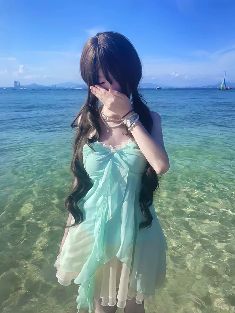 有內里 法式甜美吊帶連衣裙女夏季新款小個子海邊度假短裙兩件套