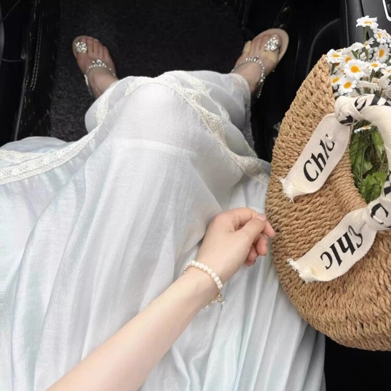 又甜又辣少女感長裙女2026夏甜辣妹小飛袖蕾絲邊藍色蝴蝶結連衣裙
