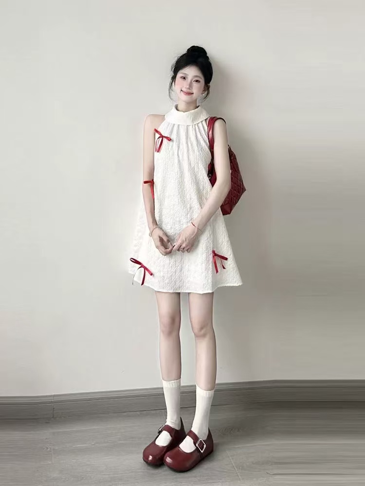 法式復古甜美立體蝴蝶結無袖掛脖連衣裙女寬松顯瘦小個子娃娃短裙