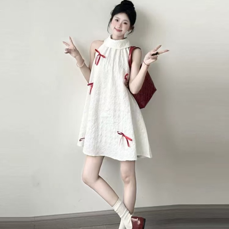 法式復古甜美立體蝴蝶結無袖掛脖連衣裙女寬松顯瘦小個子娃娃短裙