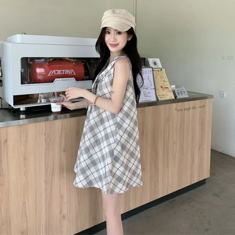 學院風格紋系帶連衣裙女2026夏季新款顯瘦減齡海軍領小眾背心短裙