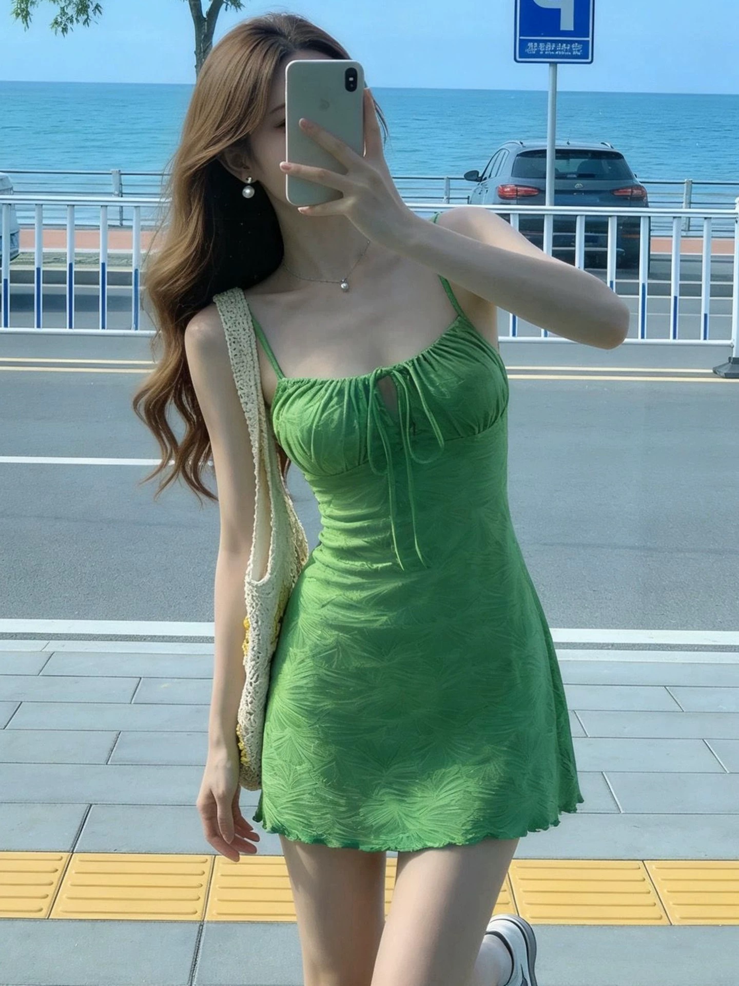 綠色吊帶連衣裙女春夏穿搭2026新款海邊度假肌理感抹胸A字短裙子
