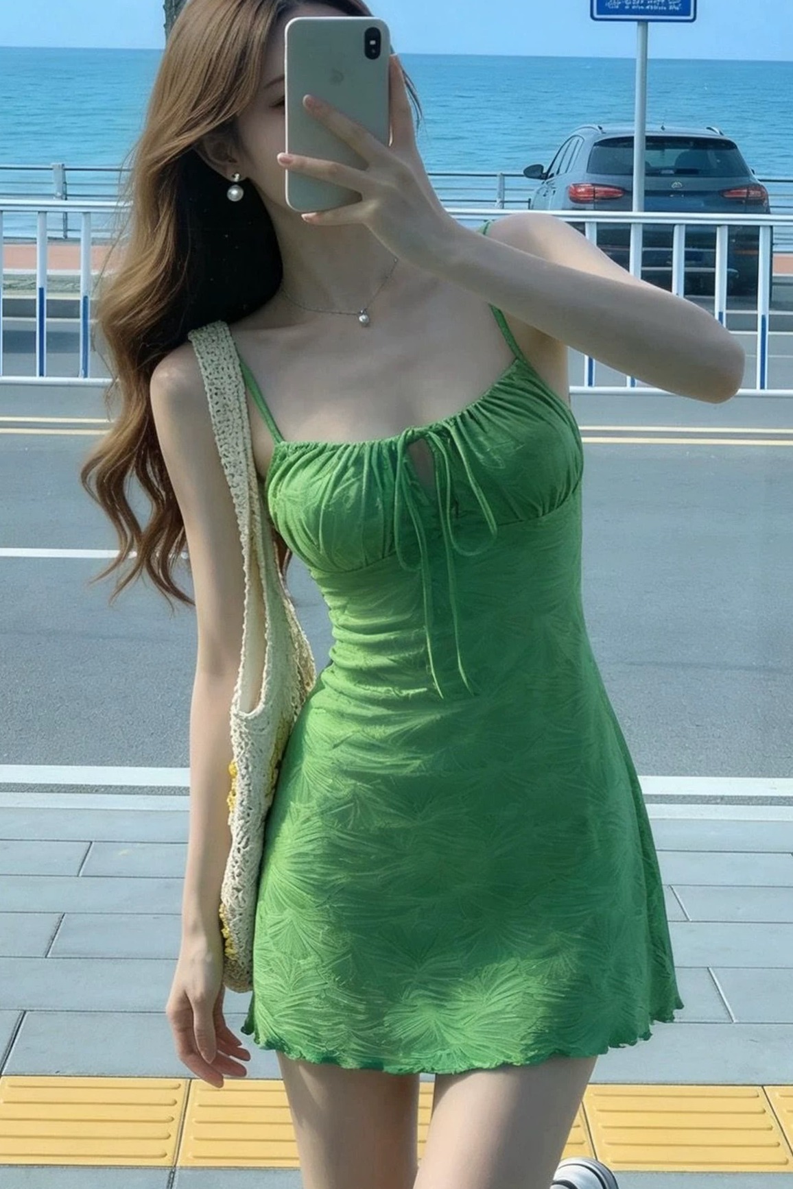 綠色吊帶連衣裙女春夏穿搭2026新款海邊度假肌理感抹胸A字短裙子