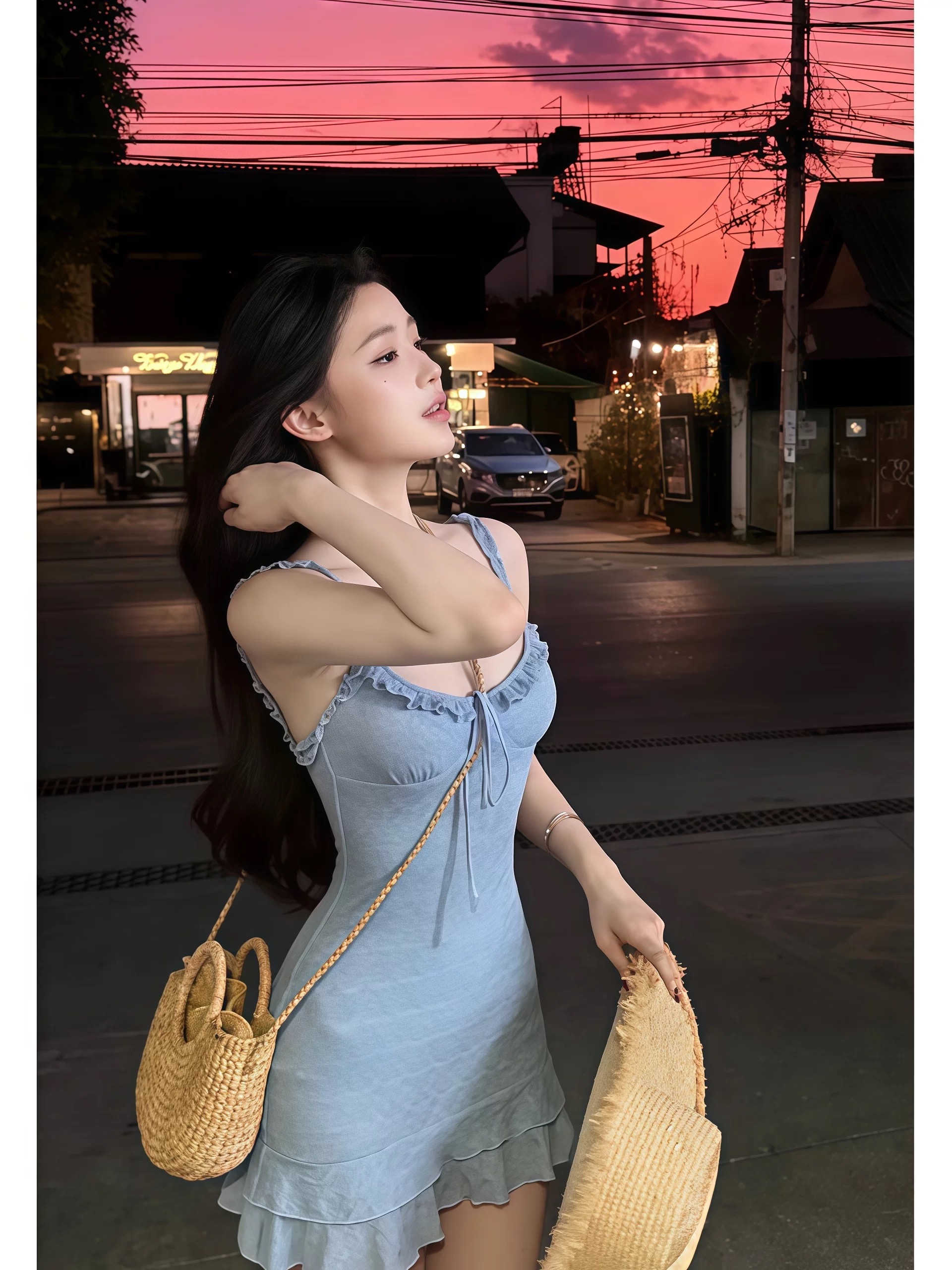 法式藍色吊帶連衣裙子女夏季2026新款海邊度假特別漂亮掐腰包臀裙