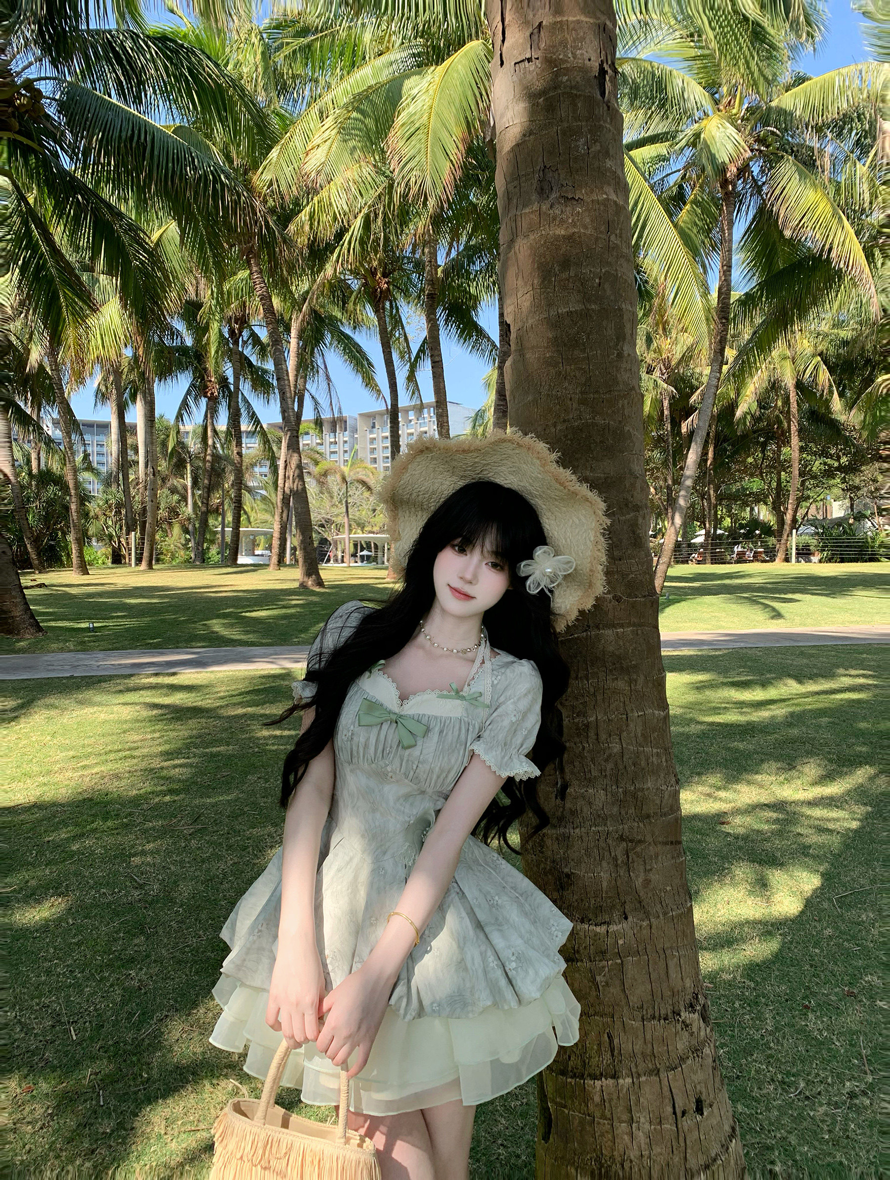 Blovelan青檸冰椰 小清新蕾絲泡泡袖提花收腰少女公主蓬蓬連衣裙