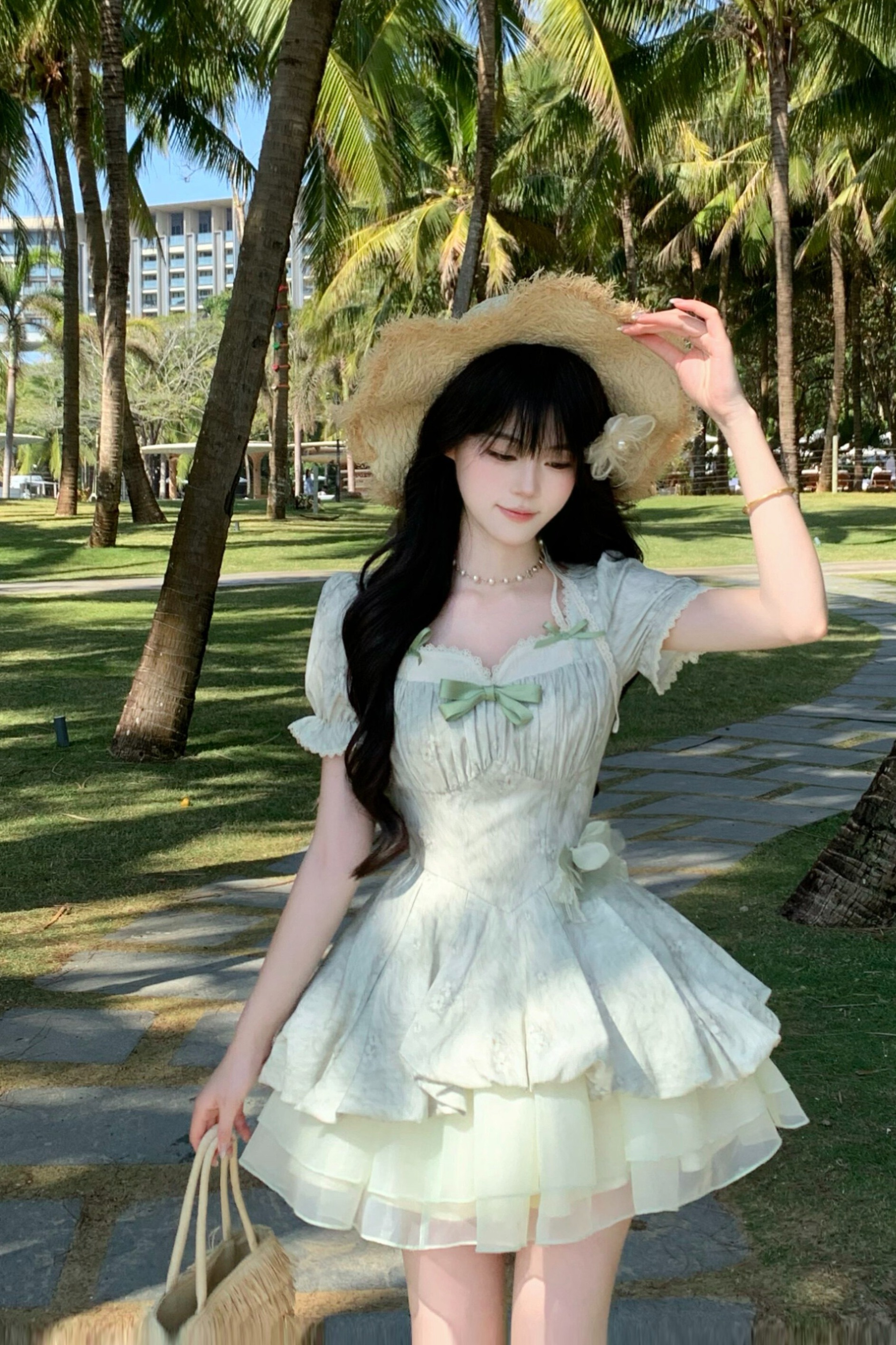 Blovelan青檸冰椰 小清新蕾絲泡泡袖提花收腰少女公主蓬蓬連衣裙