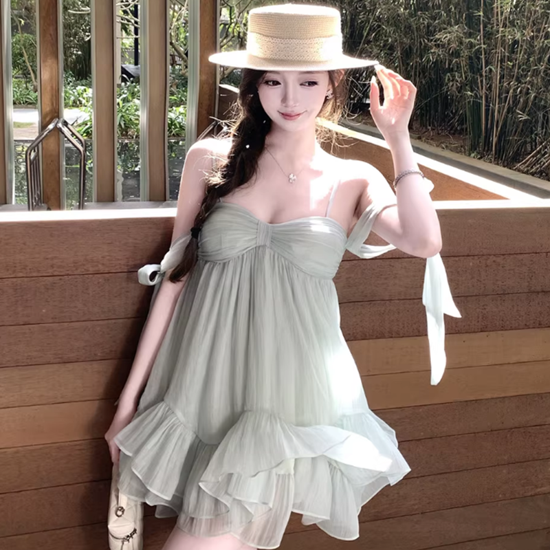原版做法有內里海邊度假風吊帶連衣裙夏設計感露背雪紡a字短裙子