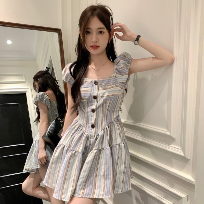 撞色條紋方領短袖連衣裙女夏季新款小眾法式復古收腰A字裙短裙子