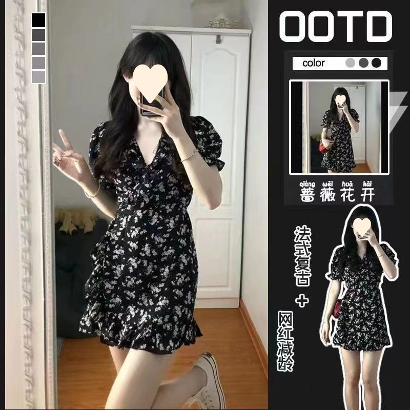 法式黑色碎花連衣裙女甜欲風裙子泡泡袖收腰設計感小眾顯瘦