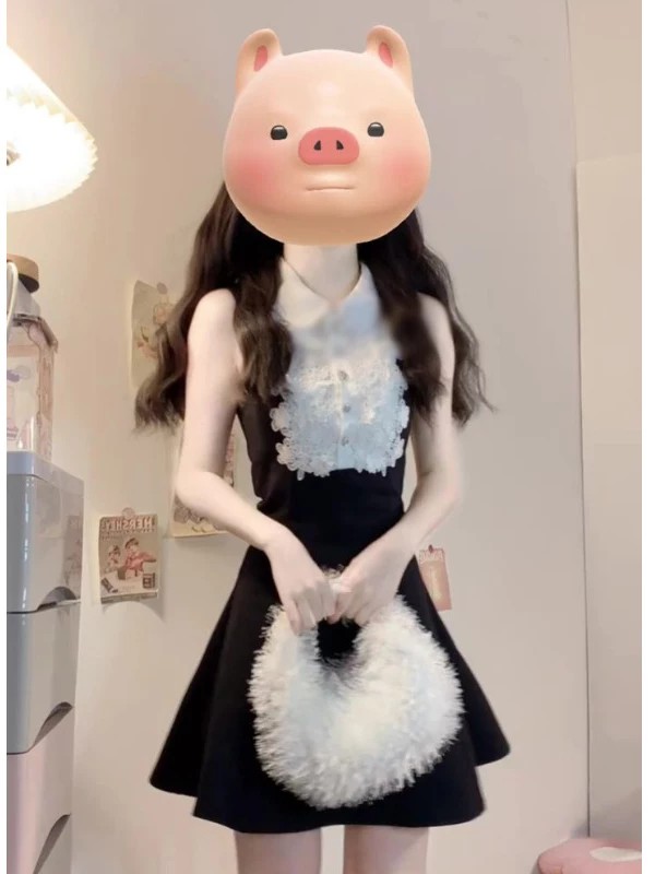套里千金高級感黑色無袖背心連衣裙夏季蕾絲設計感收腰a字蓬蓬裙