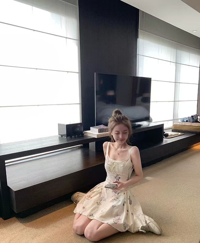 雙層套里純棉水印裙子女夏季顯瘦收腰系帶碎花連衣裙公主感吊帶裙