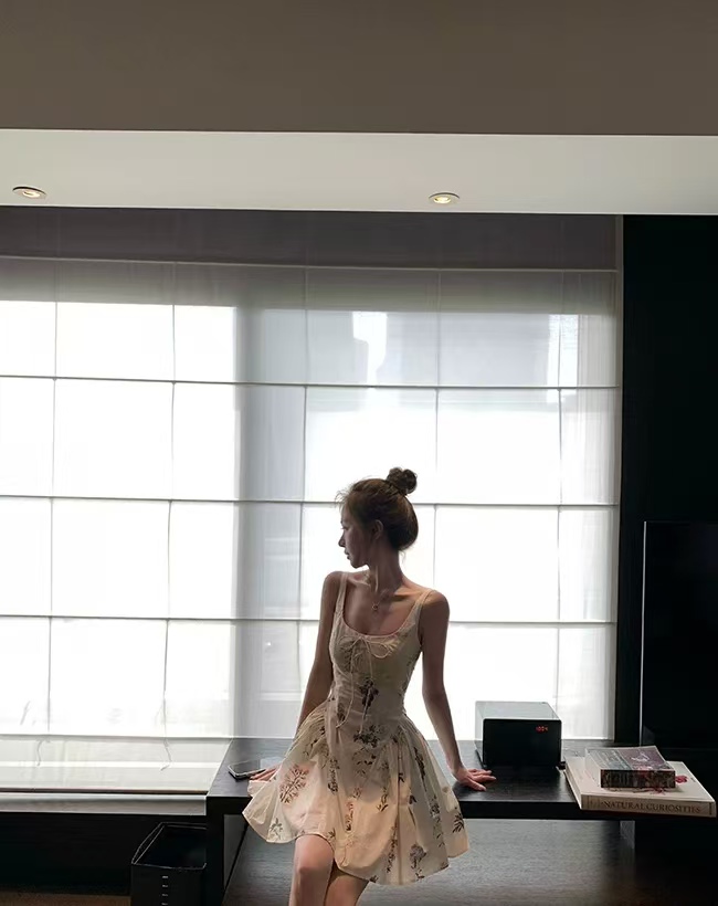 雙層套里純棉水印裙子女夏季顯瘦收腰系帶碎花連衣裙公主感吊帶裙