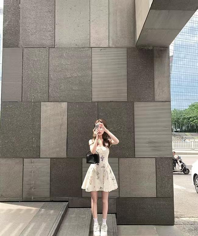 雙層套里純棉水印裙子女夏季顯瘦收腰系帶碎花連衣裙公主感吊帶裙