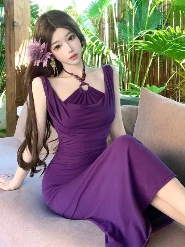 氣質純欲御姐掛脖拼接假兩件連衣裙度假風性感辣妹修身包臀魚尾裙