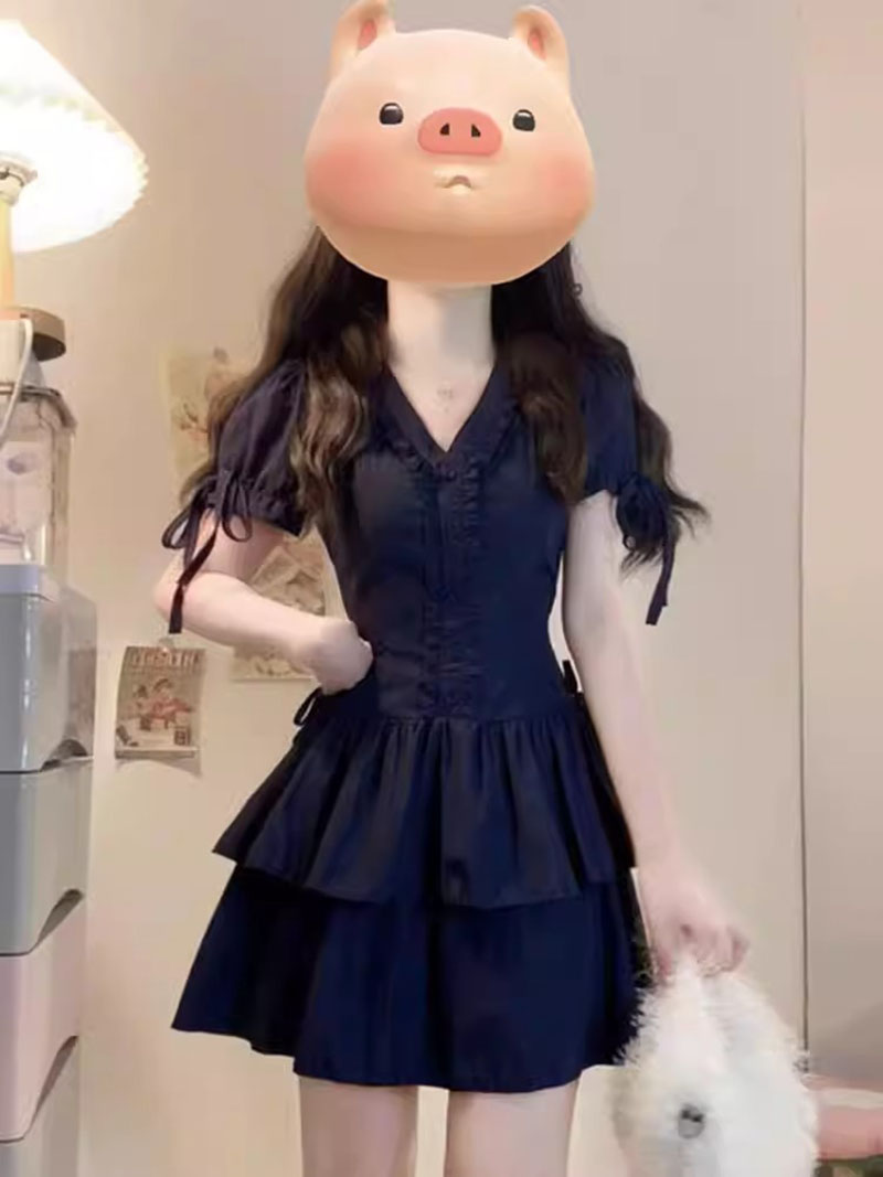 法式收腰顯瘦系帶A字裙蛋糕短裙女花邊v領短袖連衣裙休閑風格女裝