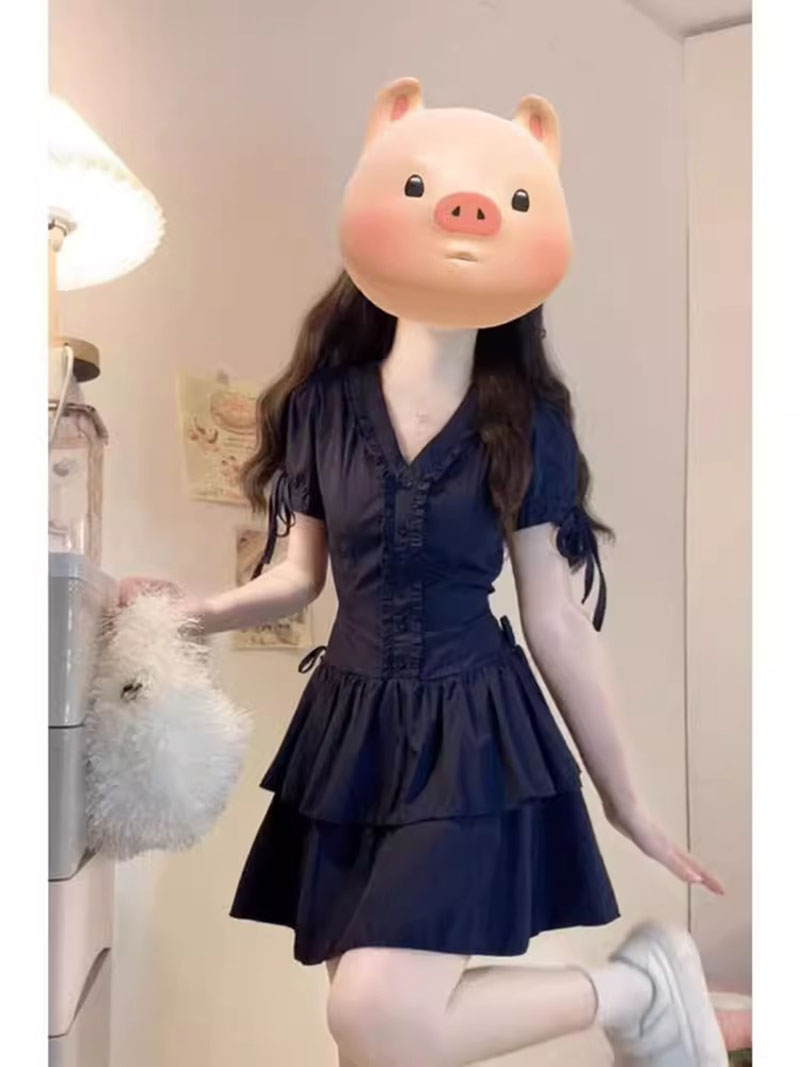 法式收腰顯瘦系帶A字裙蛋糕短裙女花邊v領短袖連衣裙休閑風格女裝