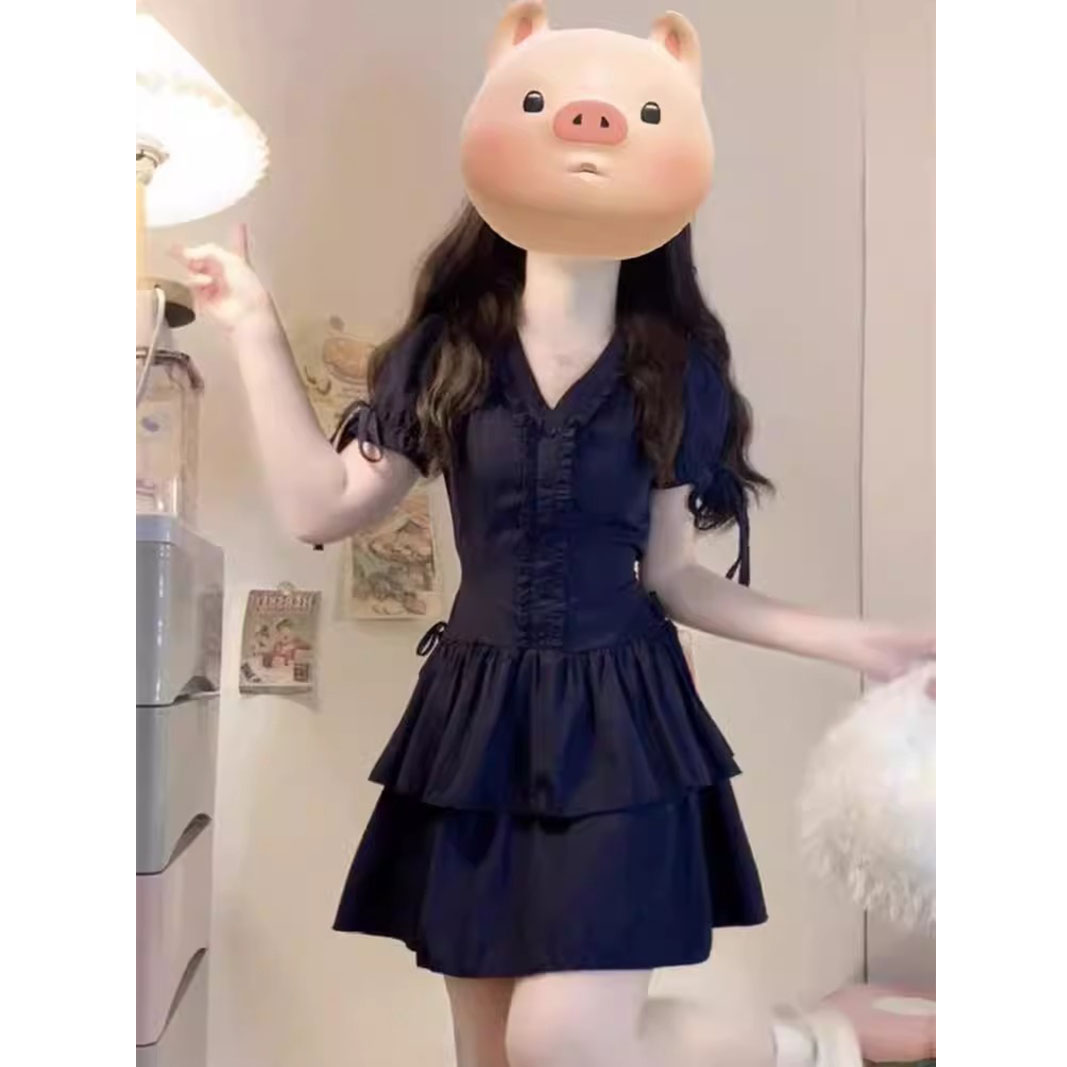 法式收腰顯瘦系帶A字裙蛋糕短裙女花邊v領短袖連衣裙休閑風格女裝