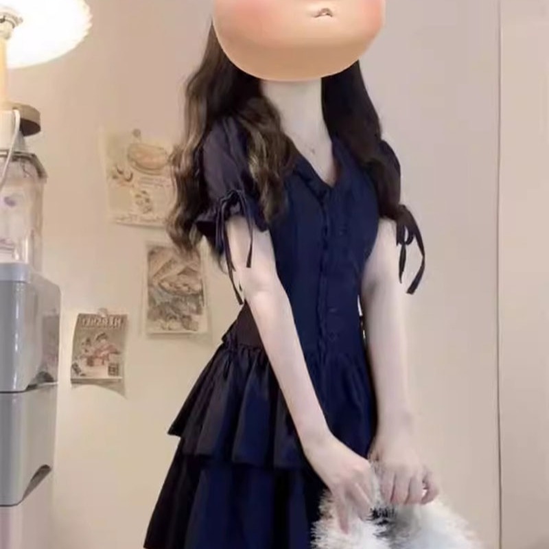 法式收腰顯瘦系帶A字裙蛋糕短裙女花邊v領短袖連衣裙休閑風格女裝