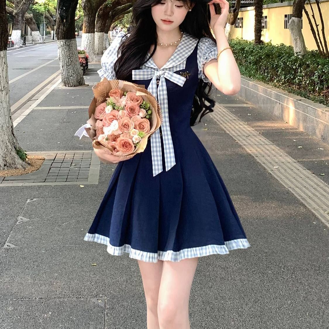 夏日新款韓系學院風時尚減齡設計蝴蝶結假兩件連衣裙女學生A字裙