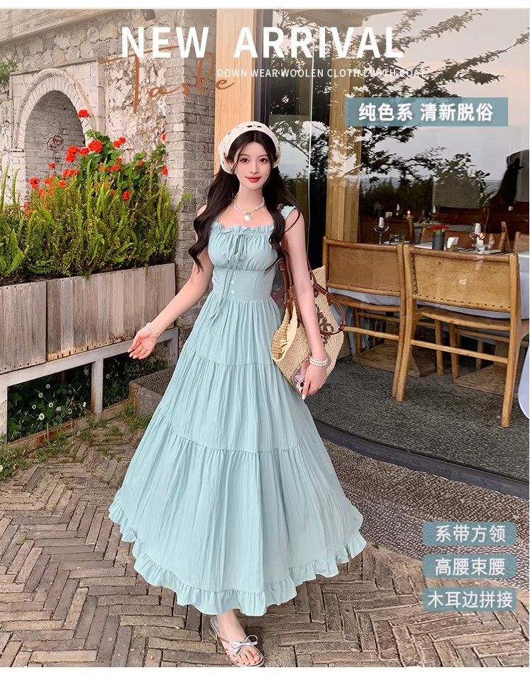 法式甜美風簡約設計感無袖吊帶連衣裙森系少女風百搭顯瘦A字長裙