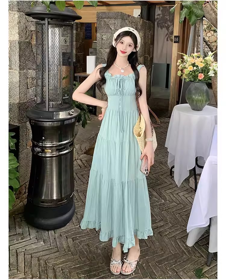 法式甜美風簡約設計感無袖吊帶連衣裙森系少女風百搭顯瘦A字長裙