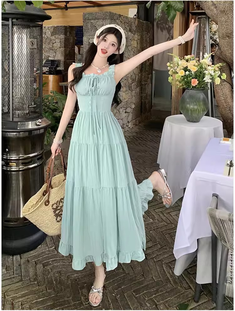 法式甜美風簡約設計感無袖吊帶連衣裙森系少女風百搭顯瘦A字長裙