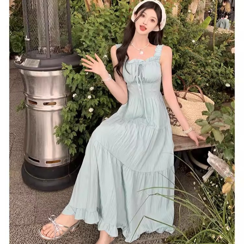 法式甜美風簡約設計感無袖吊帶連衣裙森系少女風百搭顯瘦A字長裙